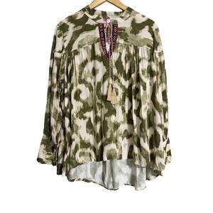 Yolly Italy Boho Olive Green Embroidered Neck Detail Blouse XL
